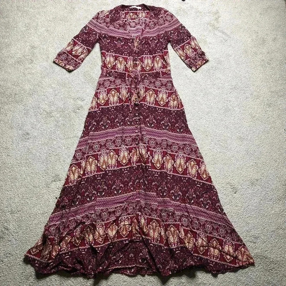 Le Salty Label Maxi Dress Boho Gypsy Button Front V Neckline Short Sleeves - Picture 2 of 10